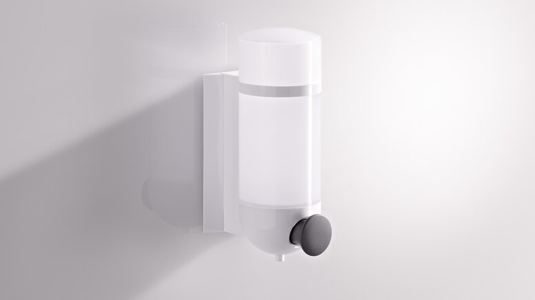 HEWI Seifenspender mit zylindrischem Design in Signalweiß  aus Polyamid und Drucktaste in Anthrazit Serie 477/801